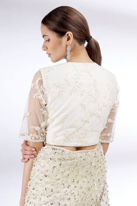 Shop_Divya Kanakia_White Net V Neck Embroidered Saree With Blouse _Online_at_Aza_Fashions