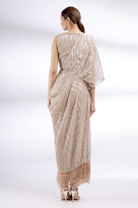 Shop Divya Kanakia Gold Georgette, Satin, Lycra Round Sequin Pre-draped Pant Saree at Aza Fashions Shop_Divya Kanakia_Gold Georgette, Satin, Lycra Round Sequin Pre-draped Pant Saree _at_Aza_Fashions