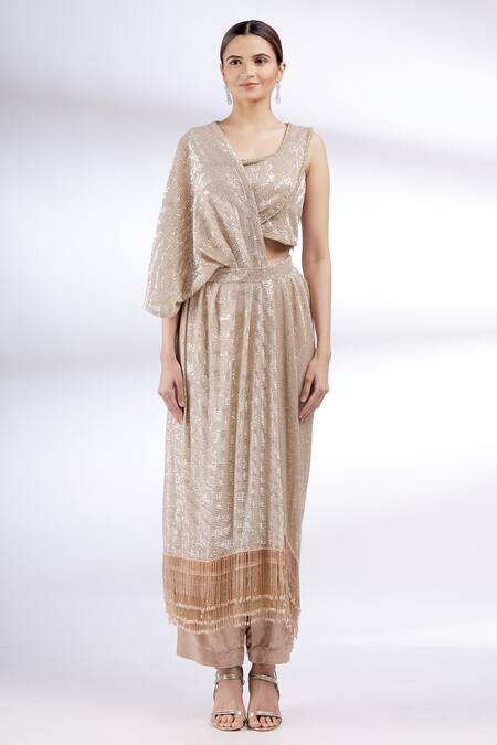 Divya Kanakia Gold Georgette, Satin, Lycra Round Sequin Pre-draped Pant Saree Online at Aza Fashions Divya Kanakia_Gold Georgette, Satin, Lycra Round Sequin Pre-draped Pant Saree _Online_at_Aza_Fashions