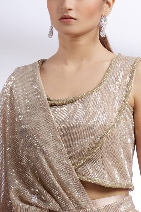 Divya Kanakia Gold Georgette, Satin, Lycra Round Sequin Pre-draped Pant Saree at Aza Fashions Divya Kanakia_Gold Georgette, Satin, Lycra Round Sequin Pre-draped Pant Saree _at_Aza_Fashions