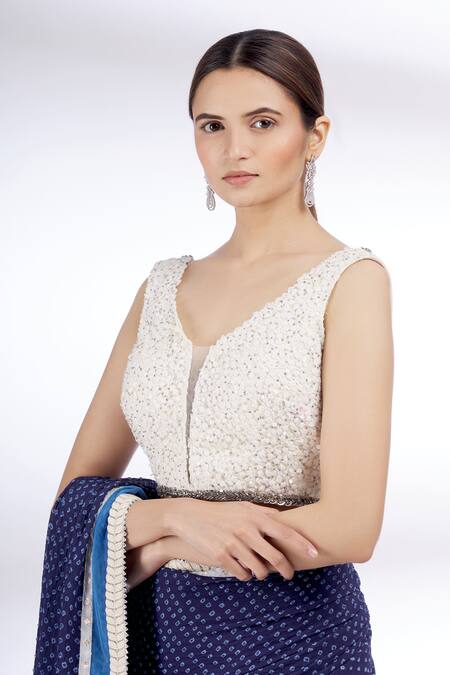 Buy_Divya Kanakia_Blue Net, Pure Georgette V Neck Bandhani Saree With Blouse_Online_at_Aza_Fashions