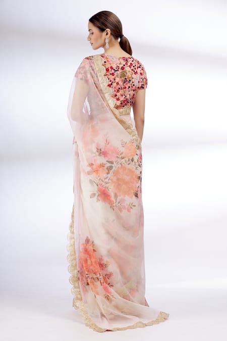 Shop Divya Kanakia Beige Organza, Dupion Silk V Neck Printed Saree at Aza Fashions Shop_Divya Kanakia_Beige Organza, Dupion Silk V Neck Printed Saree _at_Aza_Fashions