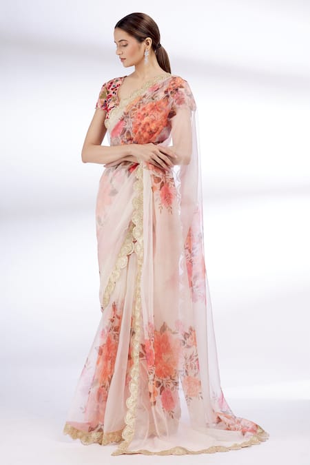 Divya Kanakia Beige Organza, Dupion Silk V Neck Printed Saree Online at Aza Fashions Divya Kanakia_Beige Organza, Dupion Silk V Neck Printed Saree _Online_at_Aza_Fashions