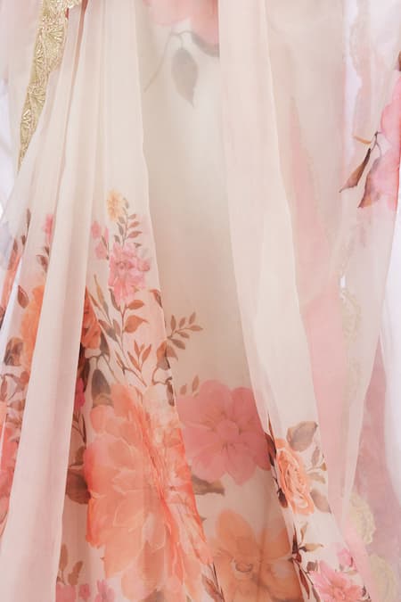 Divya Kanakia Beige Organza, Dupion Silk V Neck Printed Saree at Aza Fashions Divya Kanakia_Beige Organza, Dupion Silk V Neck Printed Saree _at_Aza_Fashions