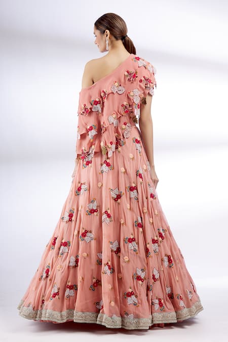Shop Divya Kanakia Pink Organza, Net, Georgette Asymmetric Embroidered Cape Lehenga Set at Aza Fashions Shop_Divya Kanakia_Pink Organza, Net, Georgette Asymmetric Embroidered Cape Lehenga Set _at_Aza_Fashions