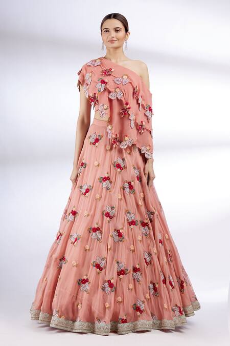 Divya Kanakia Pink Organza, Net, Georgette Asymmetric Embroidered Cape Lehenga Set Online at Aza Fashions Divya Kanakia_Pink Organza, Net, Georgette Asymmetric Embroidered Cape Lehenga Set _Online_at_Aza_Fashions
