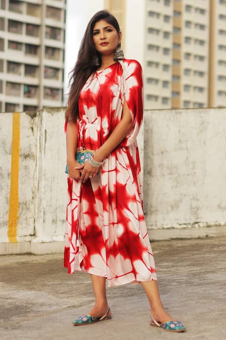 Divya Kanakia White Pure Modal Satin Clamp Tie-dye Round Neck Dye Print Kaftan 