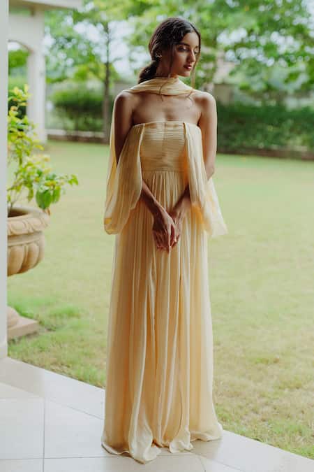 Pinup By Astha_Yellow Flat Chiffon One Shoulder Adeena Draped Gown _Online_at_Aza_Fashions