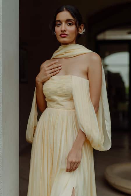 Buy_Pinup By Astha_Yellow Flat Chiffon One Shoulder Adeena Draped Gown _Online_at_Aza_Fashions