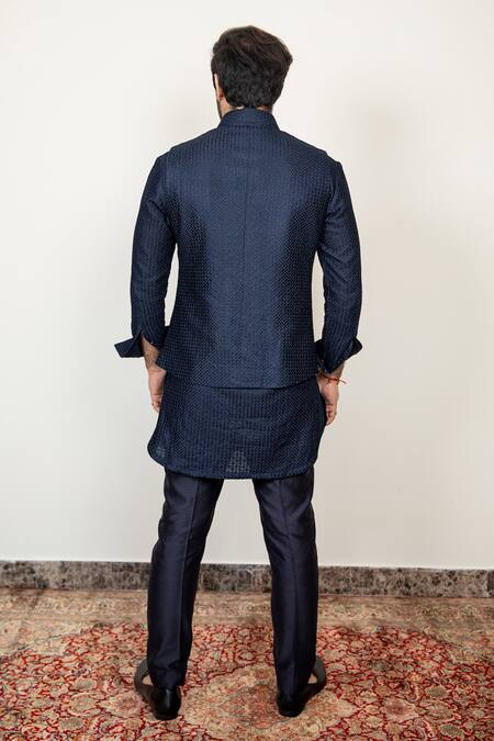 Shop_Arjan Dugal_Blue Chanderi Silk Embroidered Bundi And Kurta Set  _at_Aza_Fashions