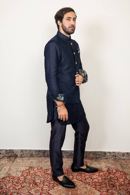 Arjan Dugal_Blue Chanderi Silk Embroidered Bundi And Kurta Set  _Online_at_Aza_Fashions