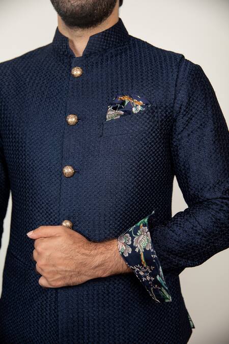 Shop_Arjan Dugal_Blue Chanderi Silk Embroidered Bundi And Kurta Set  _Online_at_Aza_Fashions