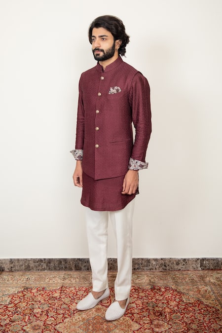 Arjan Dugal_Wine Chanderi Silk Embroidered Bundi And Kurta Set_Online_at_Aza_Fashions