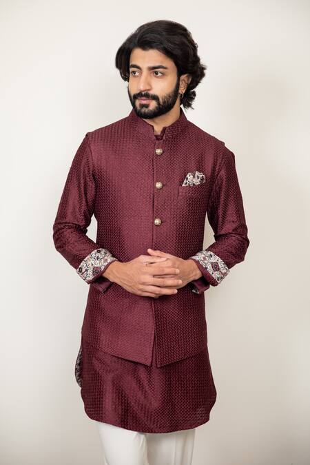 Buy_Arjan Dugal_Wine Chanderi Silk Embroidered Bundi And Kurta Set_Online_at_Aza_Fashions