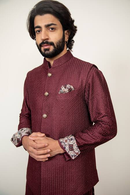 Shop_Arjan Dugal_Wine Chanderi Silk Embroidered Bundi And Kurta Set_Online_at_Aza_Fashions
