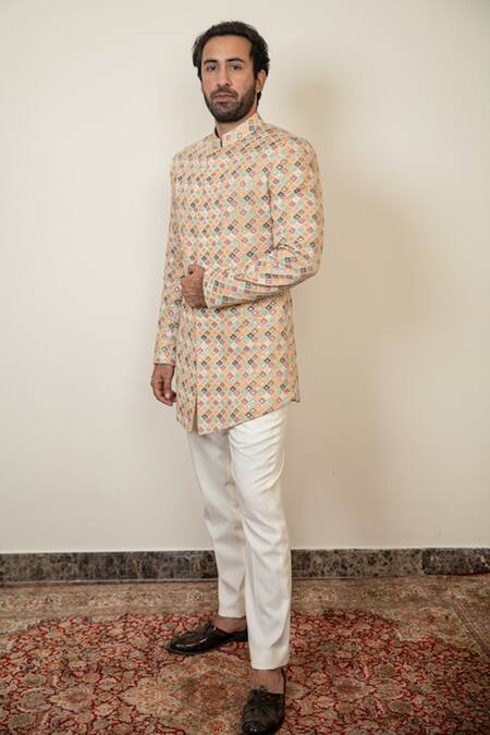 Arjan Dugal_Multi Color Chanderi Silk Embroidered Floral Colorblock Bandhgala Set _Online_at_Aza_Fashions