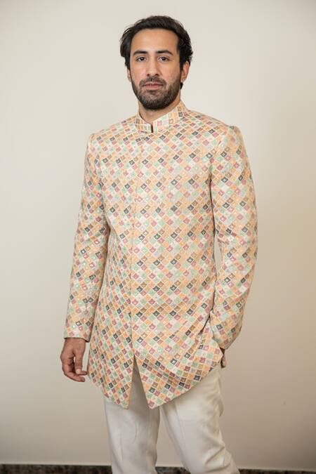 Buy_Arjan Dugal_Multi Color Chanderi Silk Embroidered Floral Colorblock Bandhgala Set _Online_at_Aza_Fashions