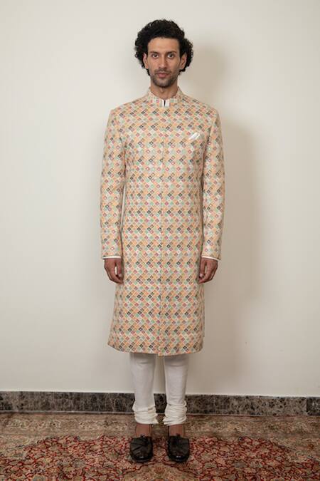 Arjan Dugal_Multi Color Chanderi , Viscose Floral Colorblock Sherwani Set_Online_at_Aza_Fashions