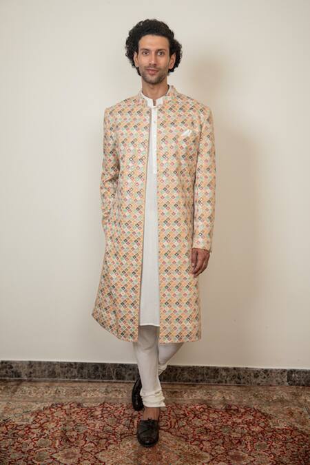 Buy_Arjan Dugal_Multi Color Chanderi , Viscose Floral Colorblock Sherwani Set_Online_at_Aza_Fashions