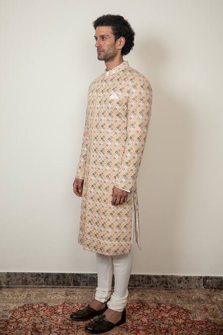 Shop_Arjan Dugal_Multi Color Chanderi , Viscose Floral Colorblock Sherwani Set_Online_at_Aza_Fashions