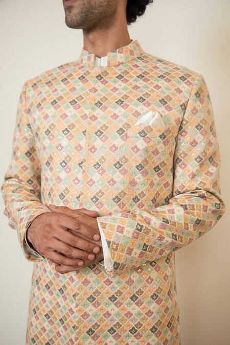 Arjan Dugal_Multi Color Chanderi , Viscose Floral Colorblock Sherwani Set_at_Aza_Fashions