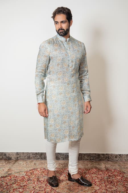 Arjan Dugal_Blue Modal Silk Chintz Print Kurta Set_Online_at_Aza_Fashions