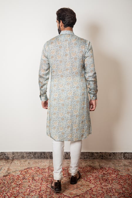 Buy_Arjan Dugal_Blue Modal Silk Chintz Print Kurta Set_Online_at_Aza_Fashions