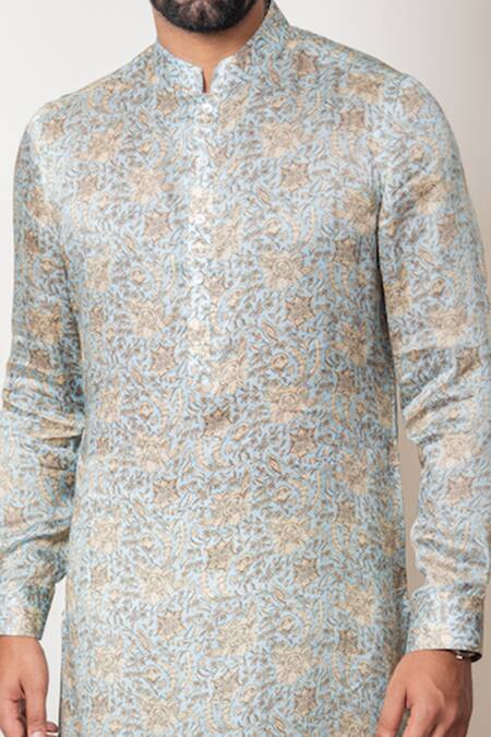 Shop_Arjan Dugal_Blue Modal Silk Chintz Print Kurta Set_Online_at_Aza_Fashions