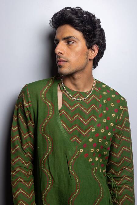 Shop_Punit Balana_Green Linen Embroidery Bandhani Print Angarkha Kurta Set _Online_at_Aza_Fashions