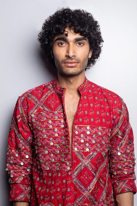 Punit Balana_Red Chanderi Silk Embroidery Coin Embellished Kurta Set _at_Aza_Fashions