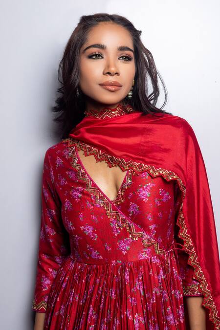 Shop_Punit Balana_Red Chanderi Silk, Organza Embroidery Surkh Laal Floral Print Angarkha Set 