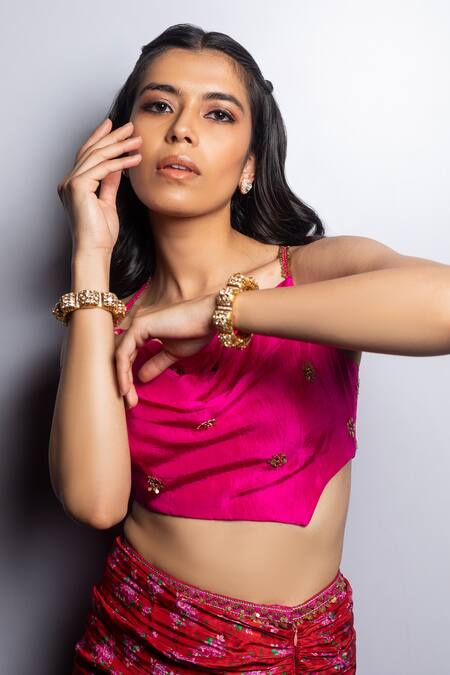 Shop_Punit Balana_Red Silk Embroidery Asymmetric Gulaabi Top And Surkh Laal Draped Skirt Set 