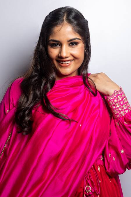 Shop Punit Balana Red Silk Embroidery V-neck Hand Tunic With Pant Shop_Punit Balana_Red Silk Embroidery V-neck Hand Tunic With Pant