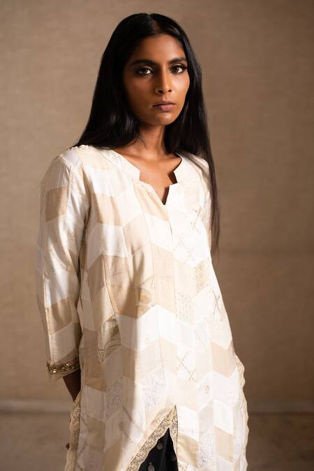 Priyanka Raajiv White Dupatta Tissue, Palazzo Silk Chanderi Adia Upcycled Patchwork Kurta Set at Aza Fashions Priyanka Raajiv_White Dupatta Tissue, Palazzo Silk Chanderi Adia Upcycled Patchwork Kurta Set _at_Aza_Fashions