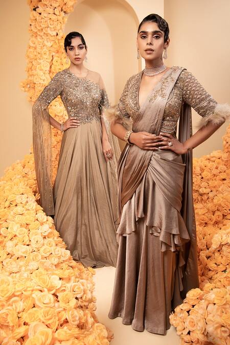 Shop Adi By Aditya Khandelwl Beige Georgette, Tissue Sequins, Beads, Split Sleeve Embroidered Bodice Gown Online at Aza Fashions Shop_Adi By Aditya Khandelwl_Beige Georgette, Tissue Sequins, Beads, Split Sleeve Embroidered Bodice Gown _Online_at_Aza_Fashions