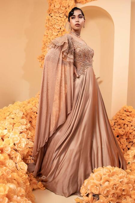 Shop_Adi By Aditya Khandelwl_Pink Net, Georgette, Modal Sequins, Beads Boat Neck Cape Sleeve Embroidered Gown _Online_at_Aza_Fashions