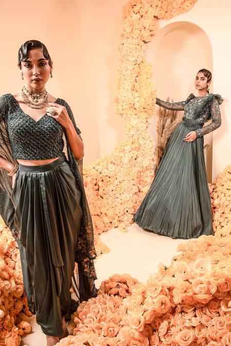 Adi By Aditya Khandelwl Black Net, Handloom Cotton Sequins, Beads Embroidered Bodice Pleated Silk Gown at Aza Fashions Adi By Aditya Khandelwl_Black Net, Handloom Cotton Sequins, Beads Embroidered Bodice Pleated Silk Gown _at_Aza_Fashions