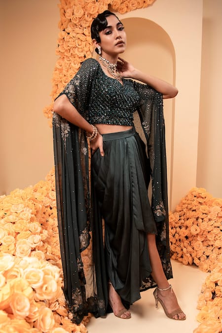 Shop Adi By Aditya Khandelwl Blue Net, Satin Sequins, Beads V-neck Embroidered Cape And Draped Skirt Set Online at Aza Fashions Shop_Adi By Aditya Khandelwl_Blue Net, Satin Sequins, Beads V-neck Embroidered Cape And Draped Skirt Set _Online_at_Aza_Fashions