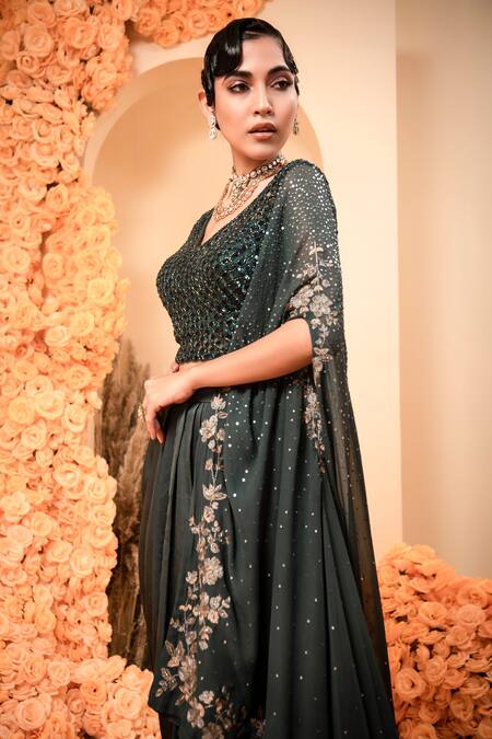 Adi By Aditya Khandelwl Blue Net, Satin Sequins, Beads V-neck Embroidered Cape And Draped Skirt Set at Aza Fashions Adi By Aditya Khandelwl_Blue Net, Satin Sequins, Beads V-neck Embroidered Cape And Draped Skirt Set _at_Aza_Fashions