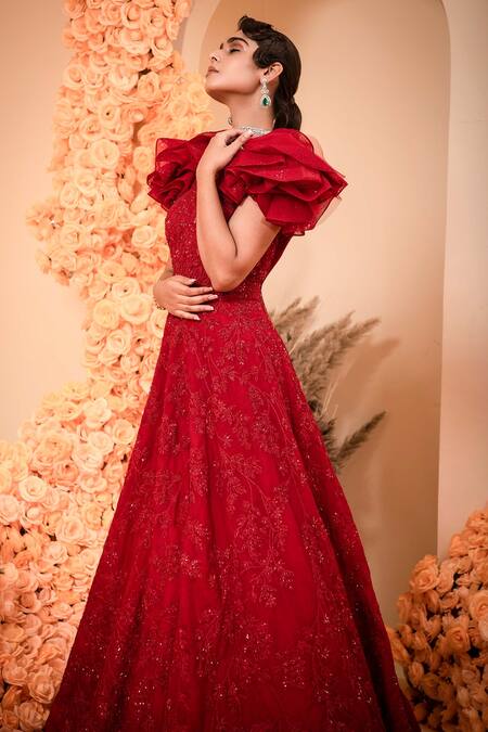 Buy Adi By Aditya Khandelwl Red Net, Organza Sequins, Beads Plunge Neck Embroidered Frill Sleeve Gown Online at Aza Fashions Buy_Adi By Aditya Khandelwl_Red Net, Organza Sequins, Beads Plunge Neck Embroidered Frill Sleeve Gown _Online_at_Aza_Fashions