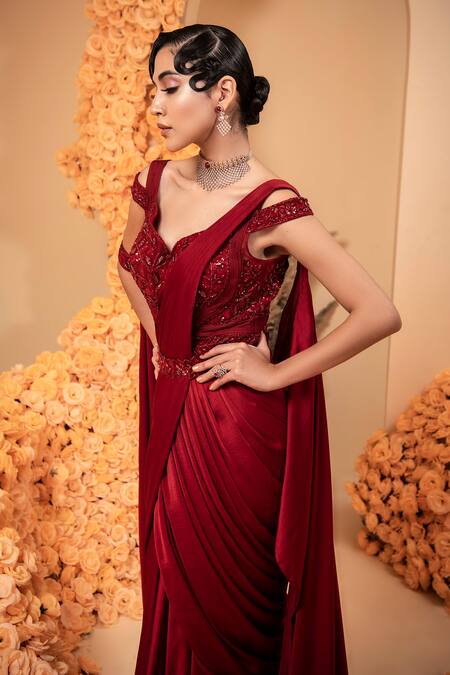 Shop_Adi By Aditya Khandelwl_Red Net, Satin Sequins, Crystals, Pearls, Double Palla Pre-stitched Saree Set _Online_at_Aza_Fashions