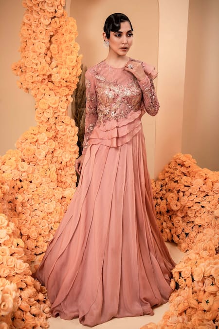 Adi By Aditya Khandelwl_Pink Organza, Georgette Sequins, Beads Round Neck Embroidered Bodice Ruffle Gown _at_Aza_Fashions