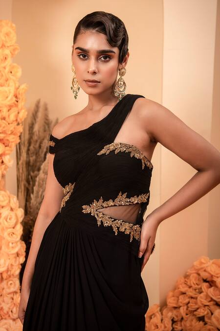 Adi By Aditya Khandelwl Black Georgette Embroidery One Shoulder Draped Asymmetric Gown at Aza Fashions Adi By Aditya Khandelwl_Black Georgette Embroidery One Shoulder Draped Asymmetric Gown _at_Aza_Fashions