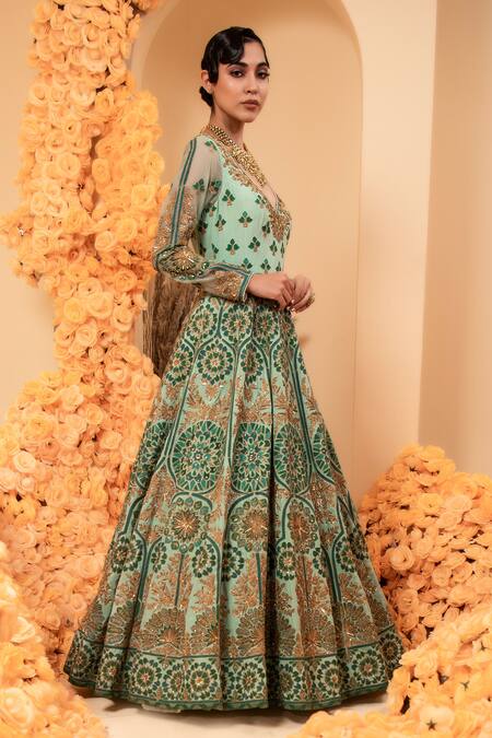 Shop_Adi By Aditya Khandelwl_Green Crepe Embroidery, Applique, Zari, Sequins Leaf Anarkali With Dupatta _Online_at_Aza_Fashions