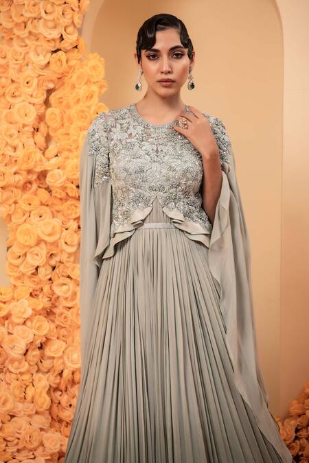 Shop_Adi By Aditya Khandelwl_Grey Net, Georgette Beads, Sequins Round Neck Embroidered Bodice Draped Gown _Online_at_Aza_Fashions