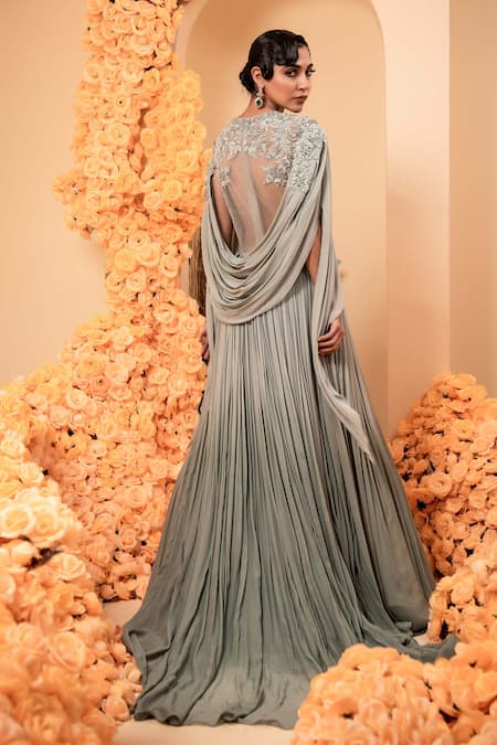 Adi By Aditya Khandelwl_Grey Net, Georgette Beads, Sequins Round Neck Embroidered Bodice Draped Gown _at_Aza_Fashions