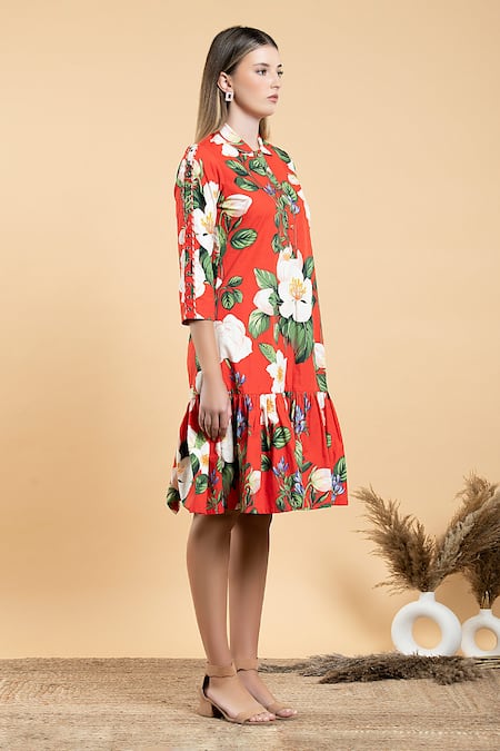 Shop Divi By Sonal Khandelwal Red Cotton Collared Wild Rose Print Shirt Dress Online at Aza Fashions Shop_Divi By Sonal Khandelwal_Red Cotton Collared Wild Rose Print Shirt Dress _Online_at_Aza_Fashions