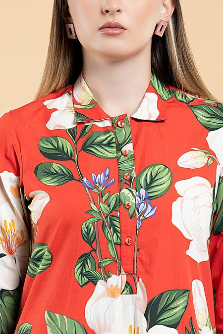 Divi By Sonal Khandelwal Red Cotton Collared Wild Rose Print Shirt Dress at Aza Fashions Divi By Sonal Khandelwal_Red Cotton Collared Wild Rose Print Shirt Dress _at_Aza_Fashions