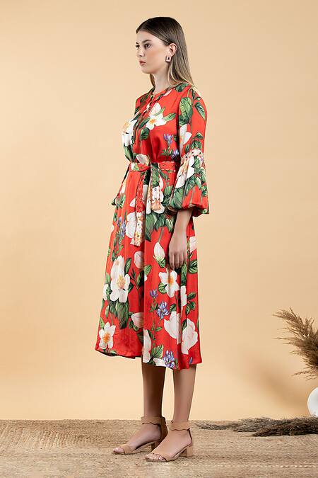 Divi By Sonal Khandelwal Red Modal, Satin Collared Wild Rose Print A-line Dress Online at Aza Fashions Divi By Sonal Khandelwal_Red Modal, Satin Collared Wild Rose Print A-line Dress _Online_at_Aza_Fashions