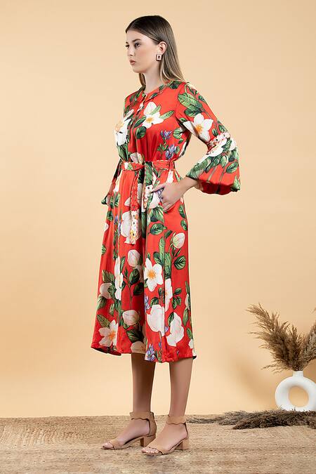 Buy Divi By Sonal Khandelwal Red Modal, Satin Collared Wild Rose Print A-line Dress Online at Aza Fashions Buy_Divi By Sonal Khandelwal_Red Modal, Satin Collared Wild Rose Print A-line Dress _Online_at_Aza_Fashions